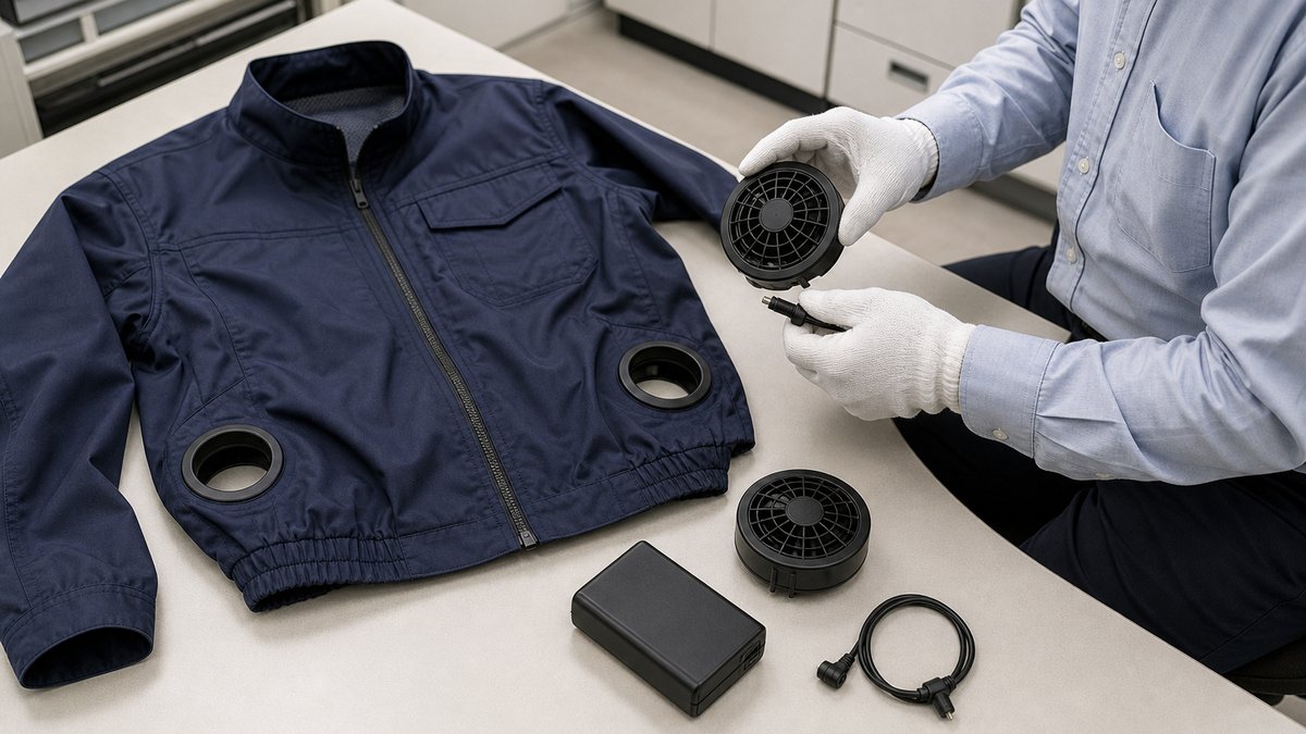 空調服のウェアと電気部品を点検する担当者
