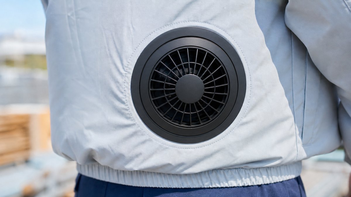 空調服の背中に取り付けられたファンのクローズアップ
