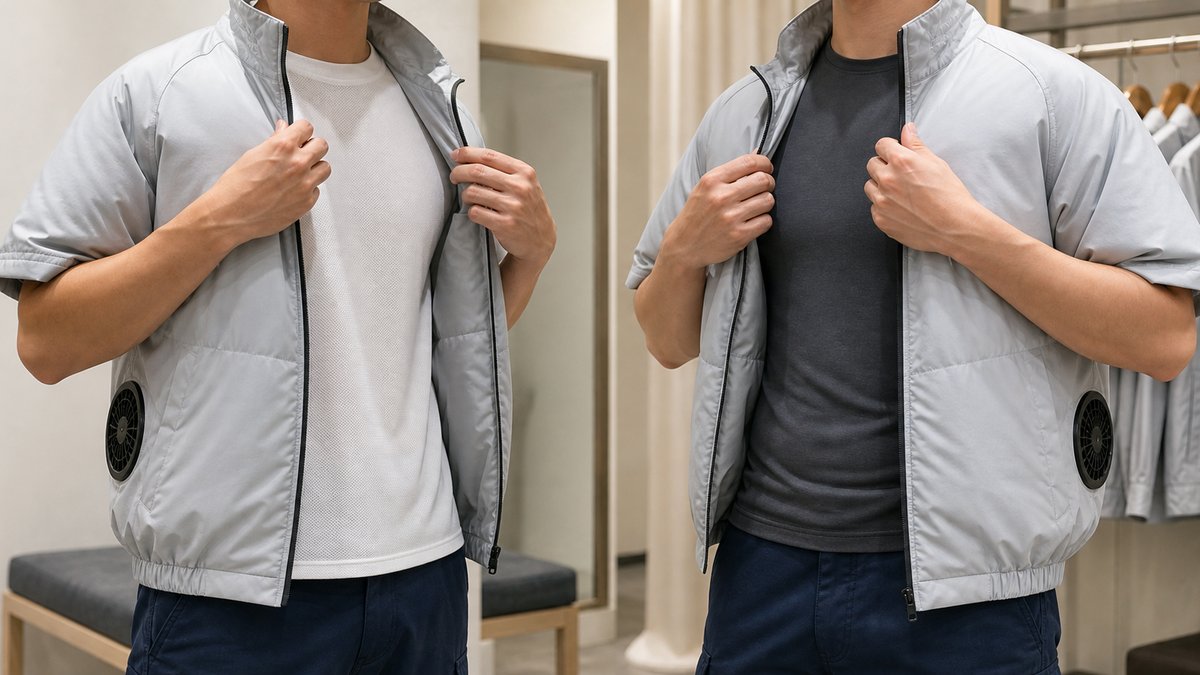 空調服と異なるインナーを組み合わせて試着する作業者