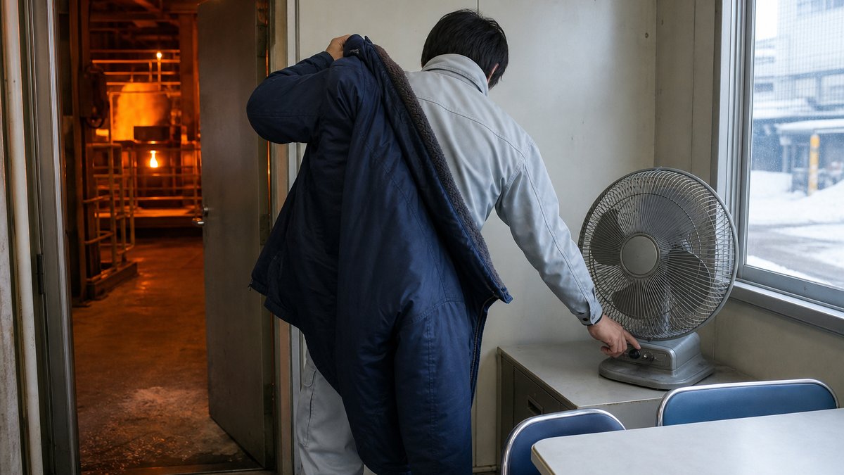 空調服と異なるインナーを組み合わせて試着する作業者