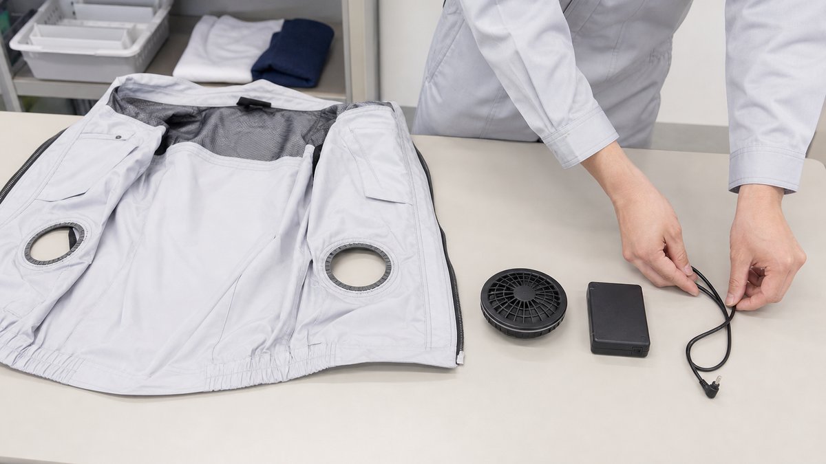 空調服の洗濯表示と取扱説明書を照合する様子