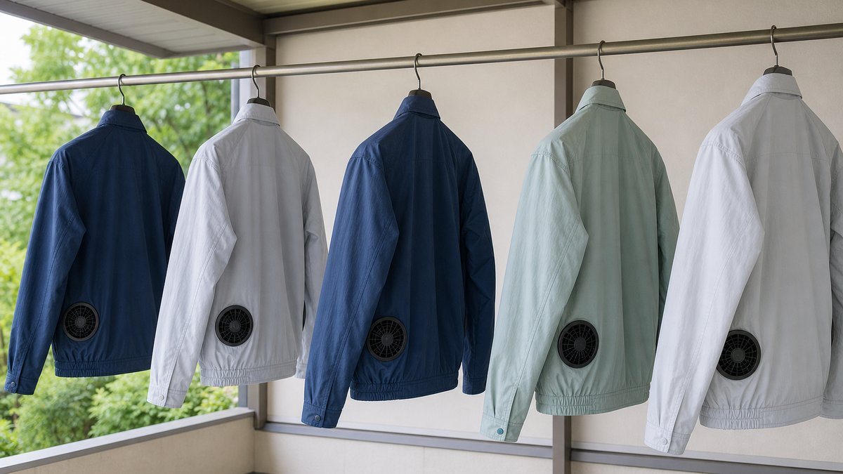 空調服と電気部品を分けた保管棚の接写