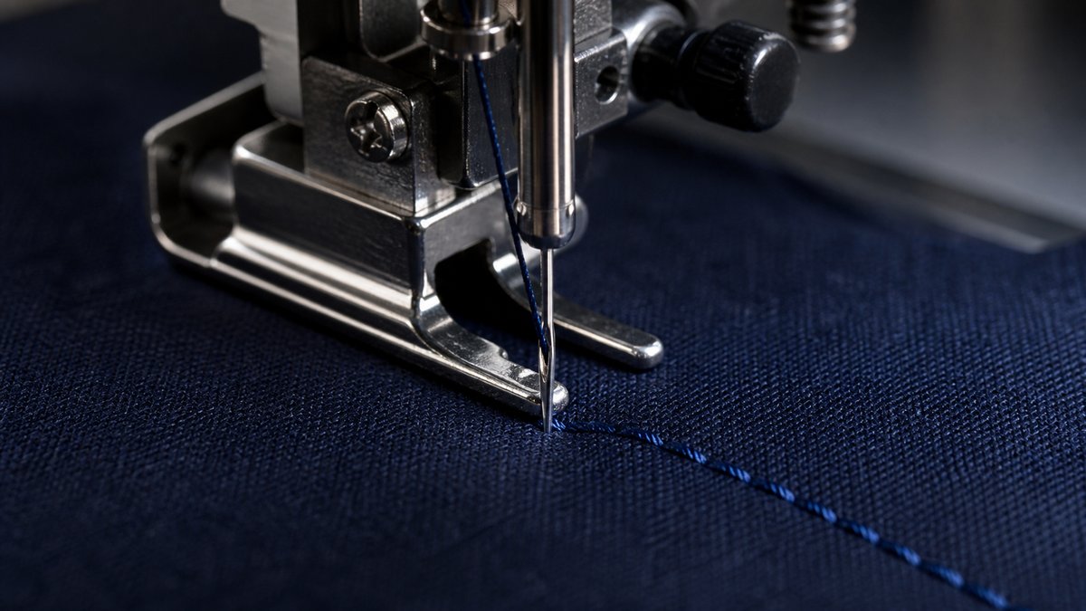 刺繍ミシンの針が紺色の生地に糸を縫い込んでいるところ