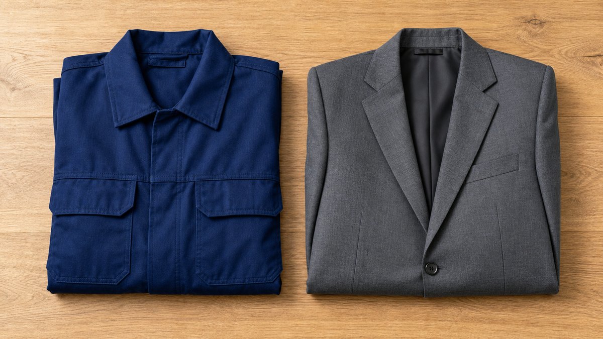 たたんだ紺色の作業服とグレーのスーツを並べた様子