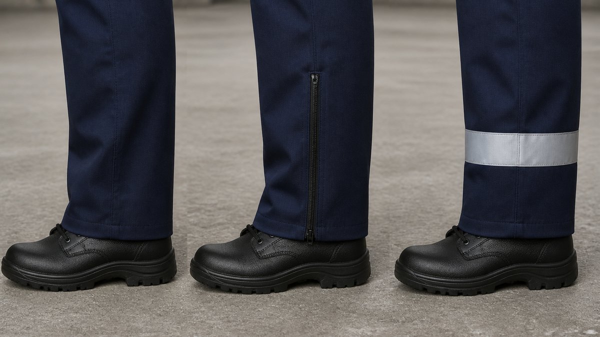 構造が異なる三種類の作業服の裾