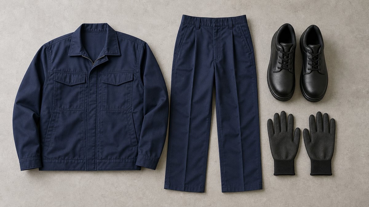 作業服の上下と安全靴、作業手袋を平置きで並べたところ