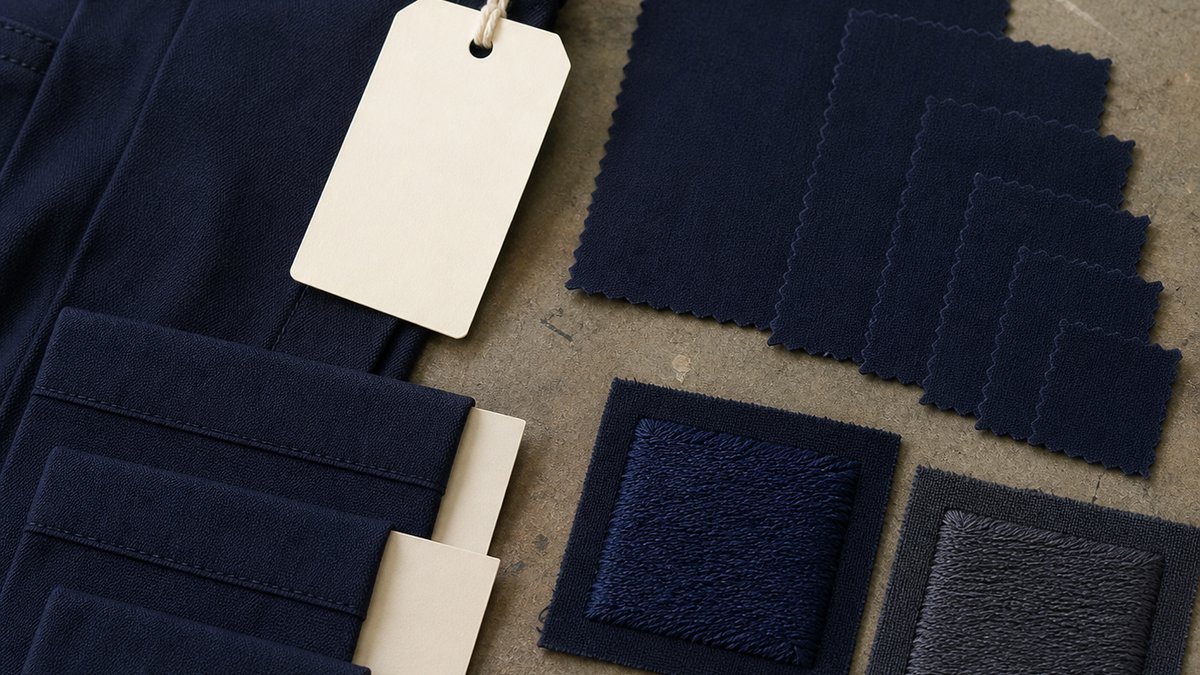 作業服の品番札、サイズ表、裾上げ記録、加工見本の接写