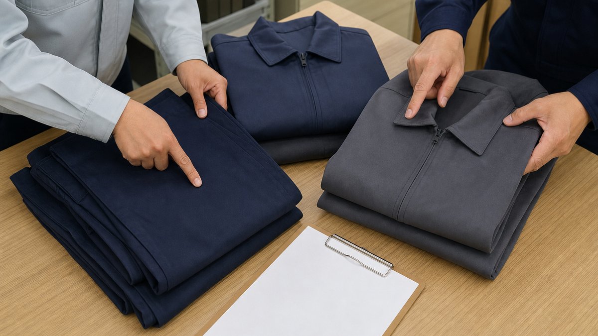 総務と現場が作業着の支給内容を確認する場面