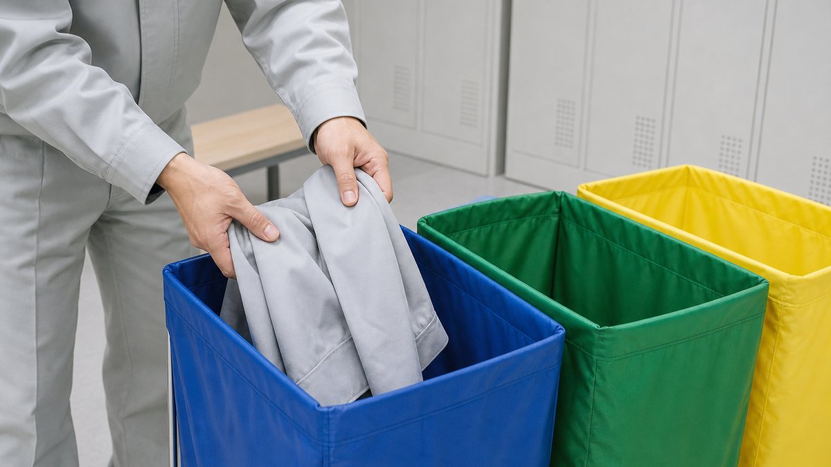 作業着を分別して回収する場面