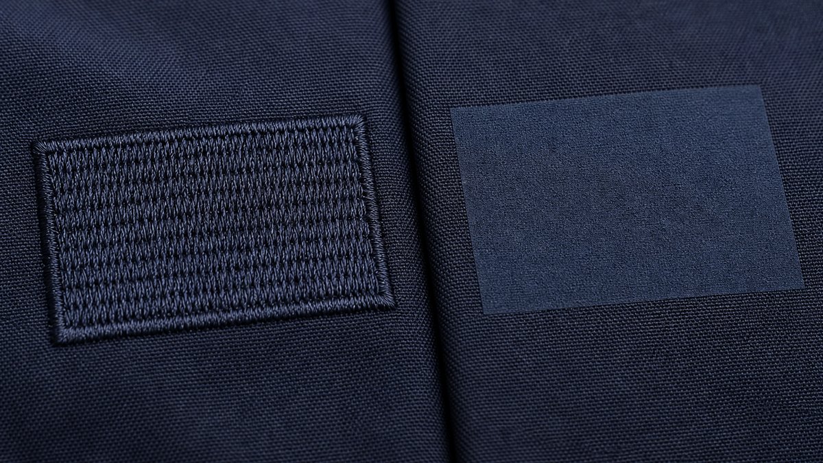 制服の刺繍とプリント加工の質感を比べる接写