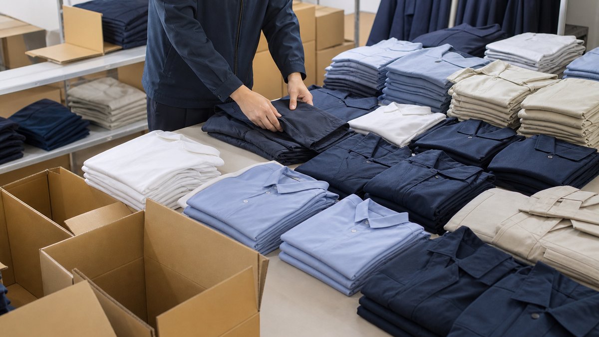 繁忙期に制服をサイズ別に仕分ける担当者