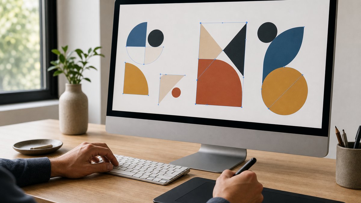 パソコンの画面でロゴのベクターデータを編集している手元