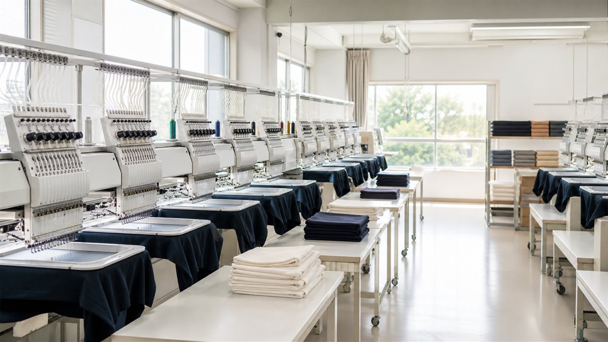 刺繍ミシンが並ぶ明るい被服加工場の室内