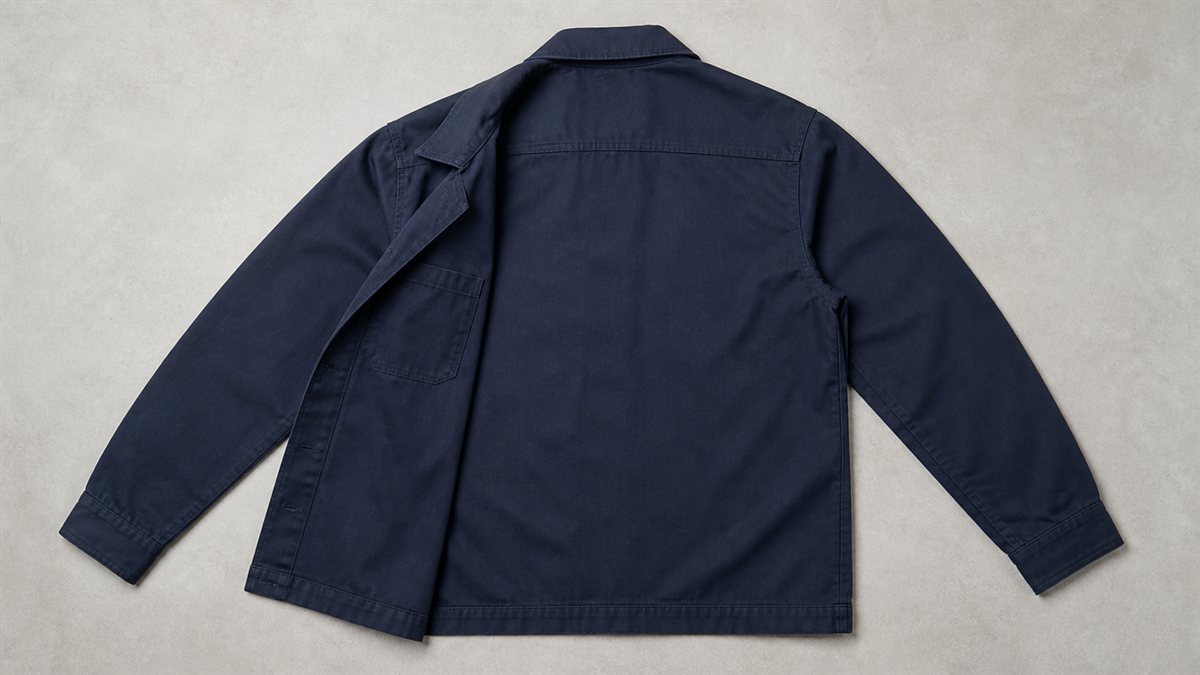 紺色の作業服を平置きし、左胸・背中・袖の位置関係が分かる俯瞰
