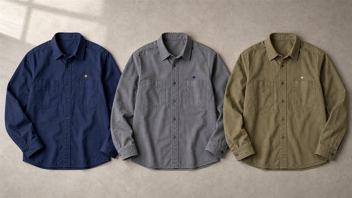 紺・グレー・カーキの作業服の胸元にワンポイントの名入れ刺繍が入っている