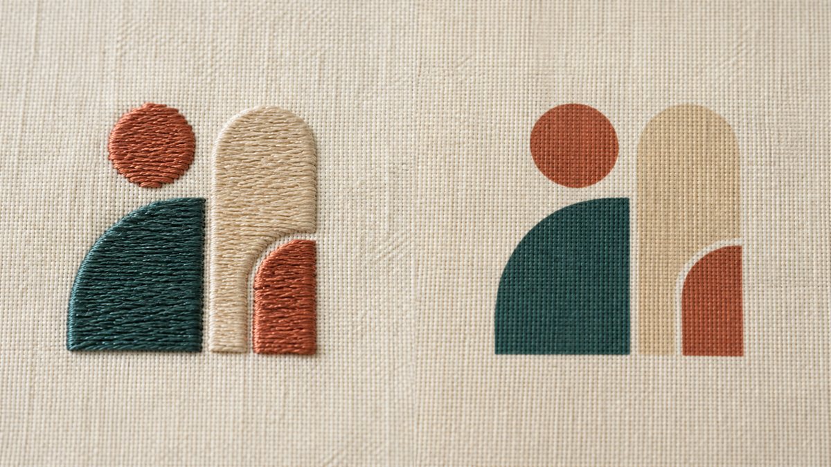 同じ図案を刺繍(左・糸の立体感)とプリント(右・平滑)で比べた布地のクローズアップ