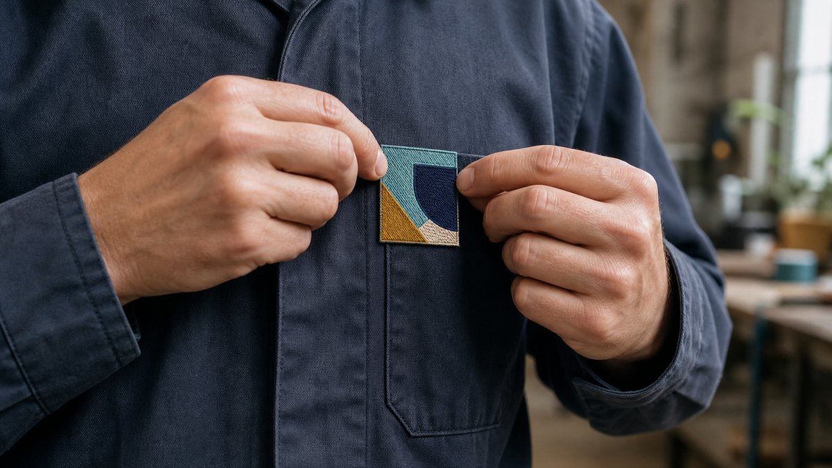 刺繍ワッペンを作業服の胸元に当てて位置を合わせているところ