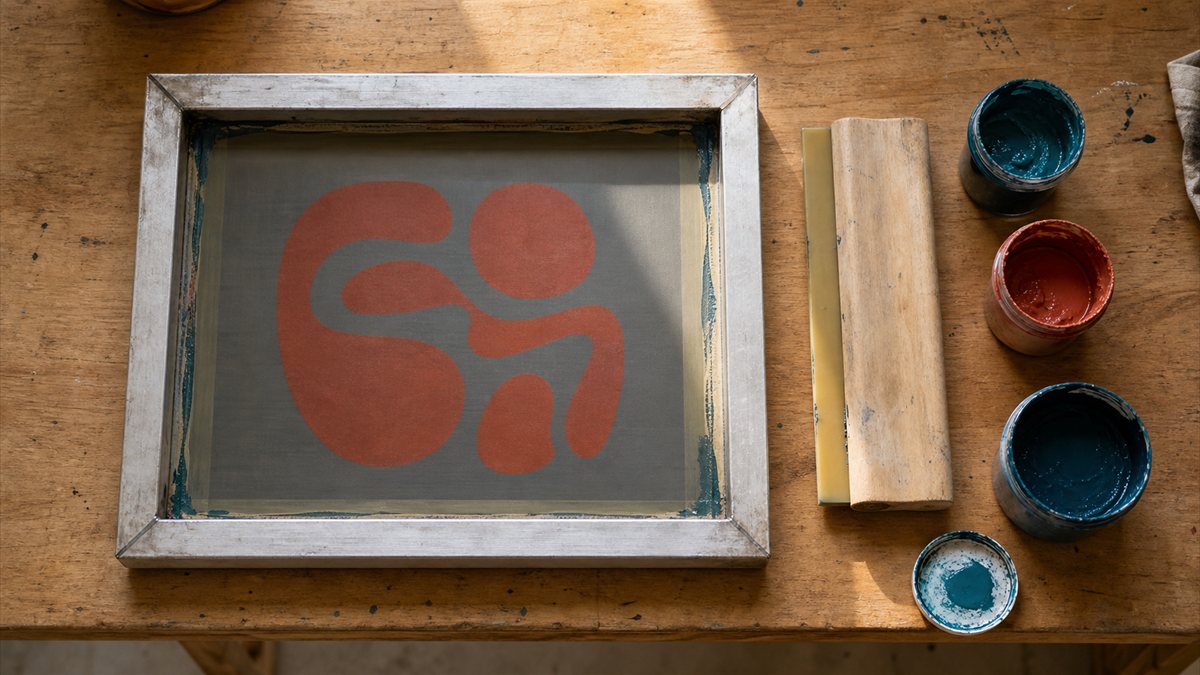 シルクスクリーンの版とスキージ、複数色のインクが作業台に並んでいるところ
