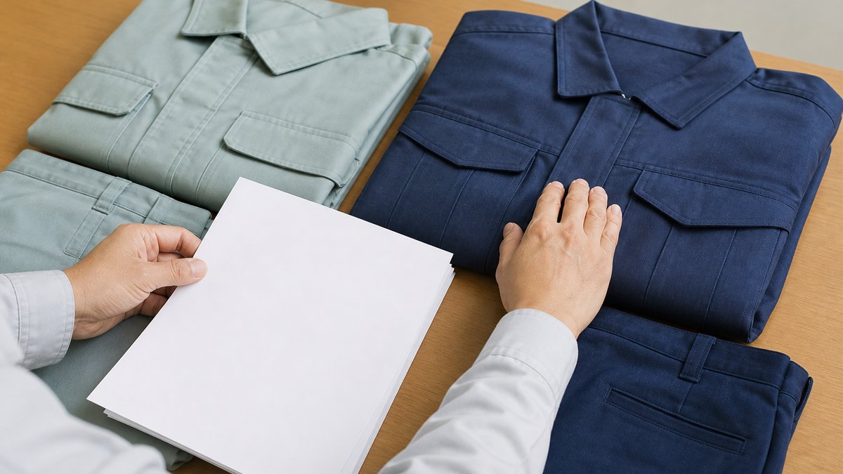 総務担当者が制服の現物と発注資料を照合する場面