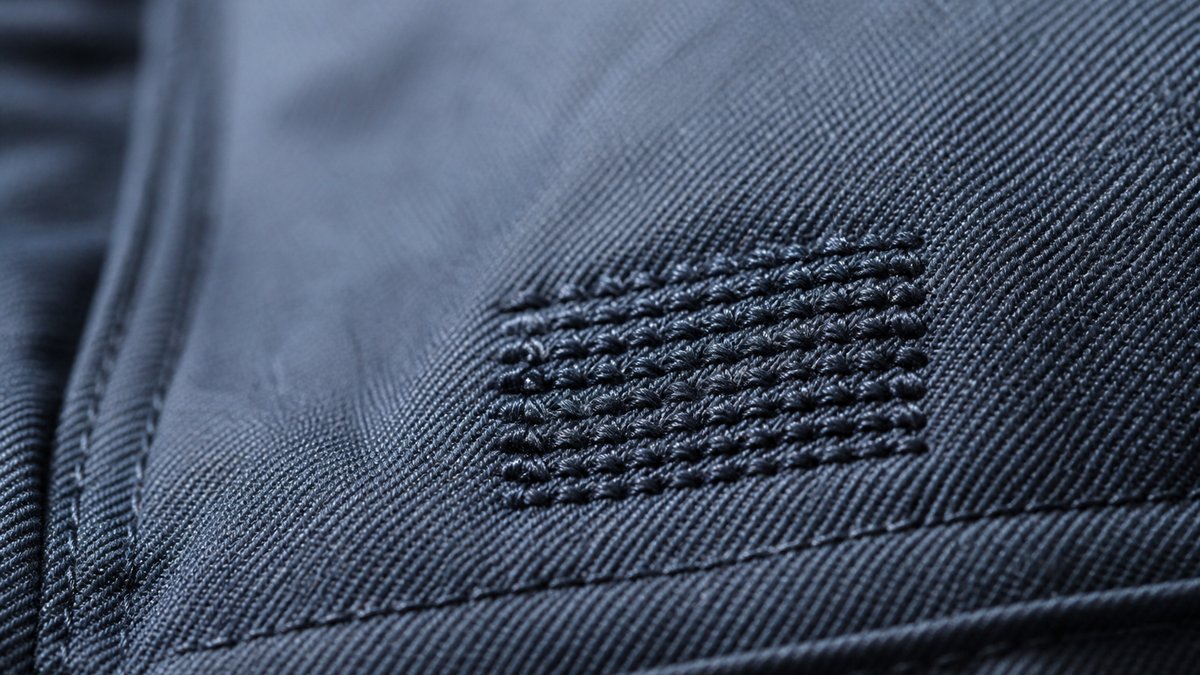 作業服の刺繍見本と生地を確認する接写