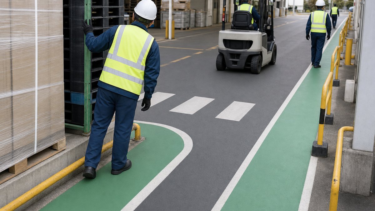 車両と作業者の動線が交差する構内で死角を確認する安全担当者