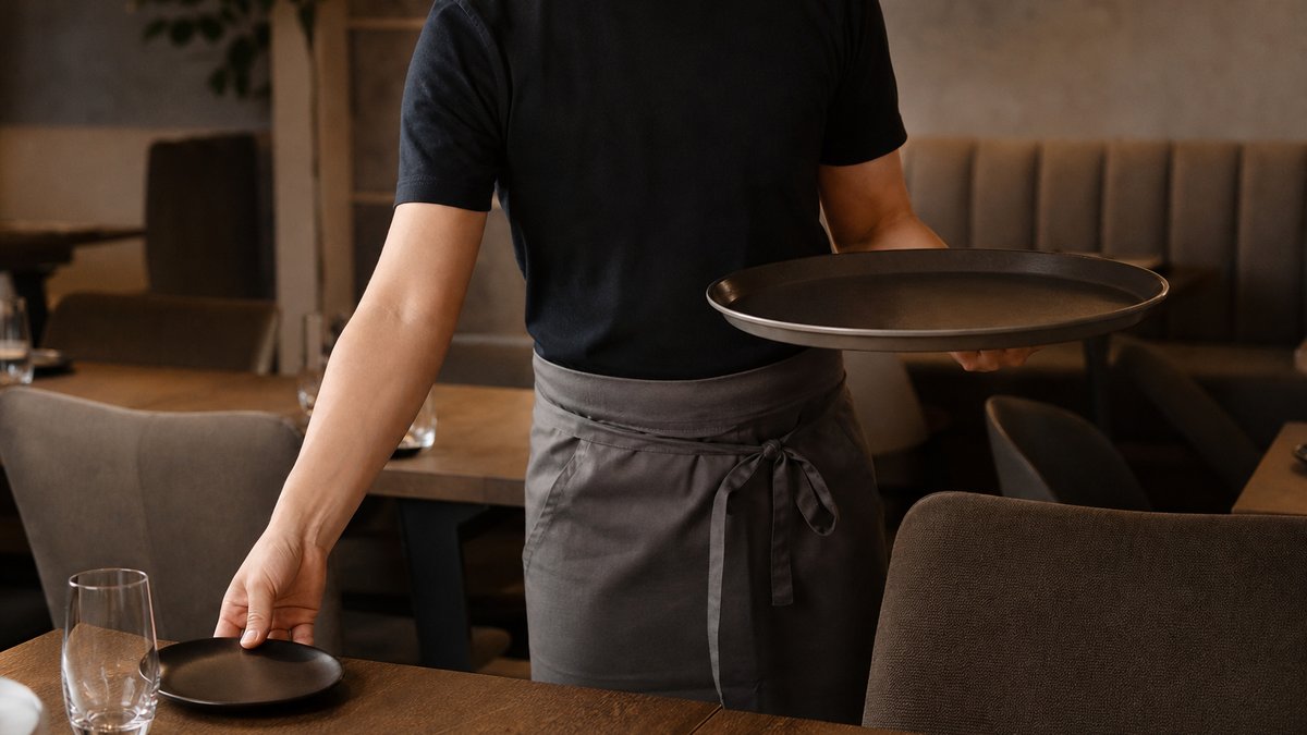 客席で配膳動作とエプロンの収まりを確認する試着