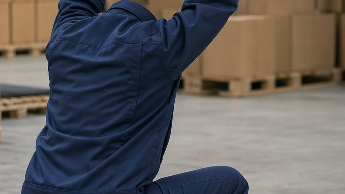 空箱を使って荷役時の腕と膝の動きを確認する試着