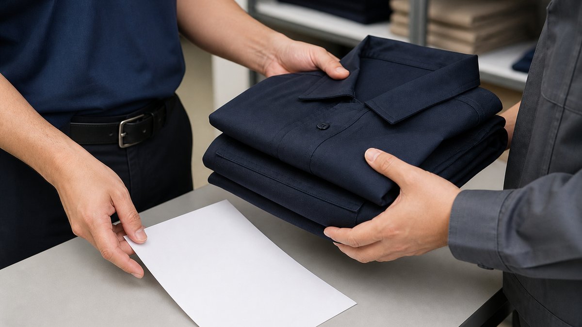 新入社員と担当者が制服セットと受領控えを確認する手元