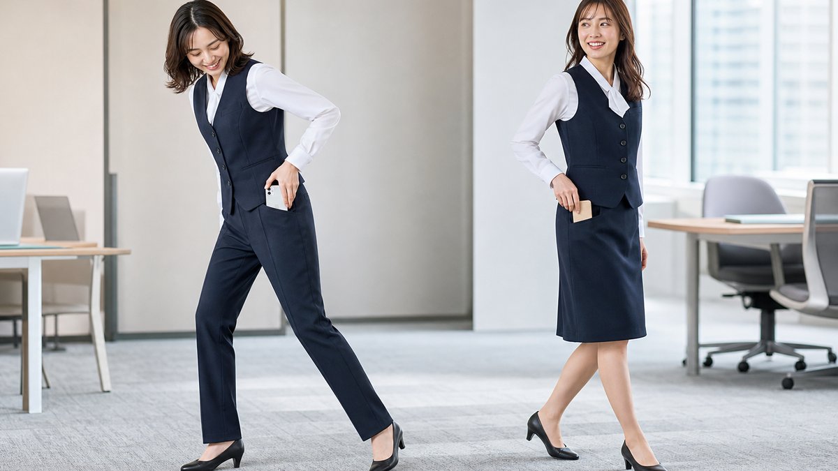 事務服のパンツとスカートを実用面で比べる構成