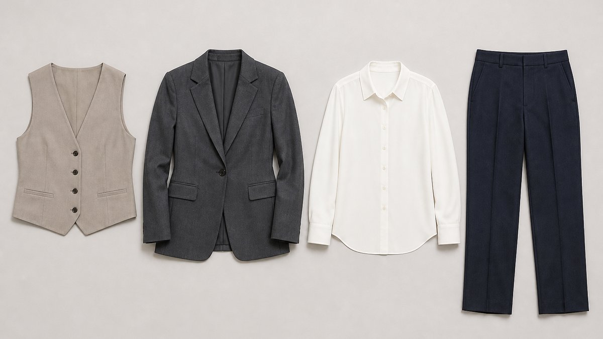 事務服のベスト、ジャケット、ブラウス、ボトムスの比較