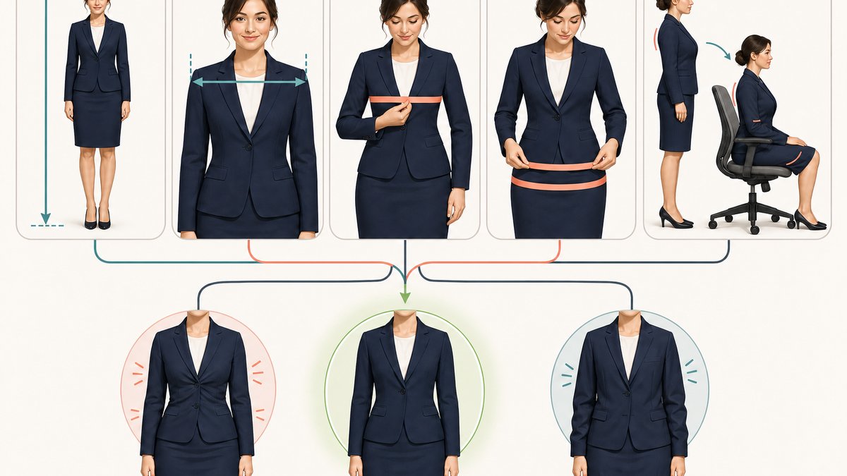 受付で複数色の事務服サンプルを比較する場面