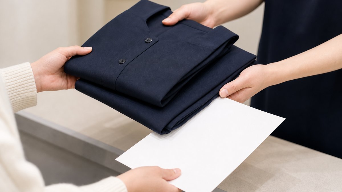 短期スタッフへ制服一式と貸与控えを渡す手元