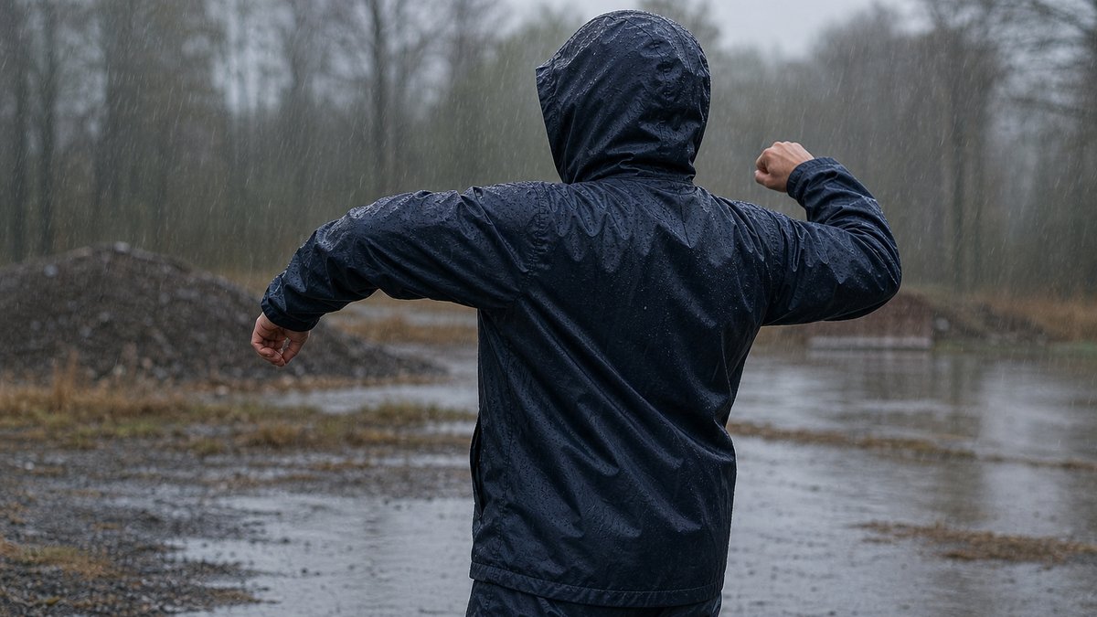 雨天の屋外でレインウェアの動きやすさと視界を確認する作業者