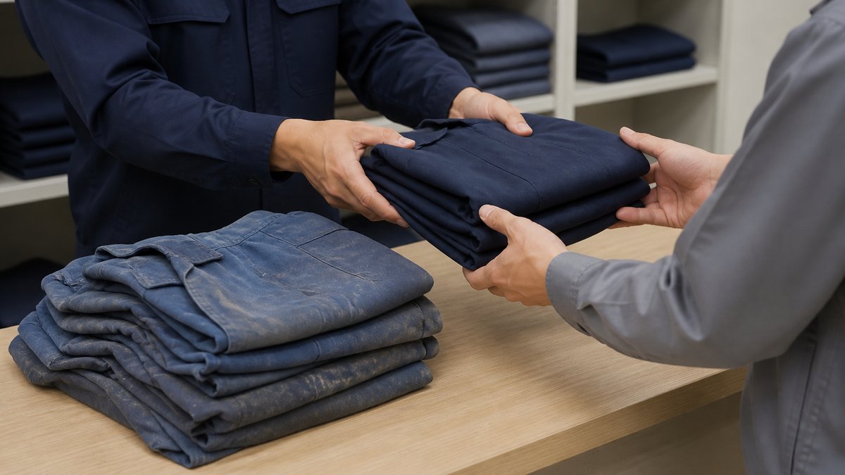 旧制服の返却確認後に新しい制服を渡す交換窓口