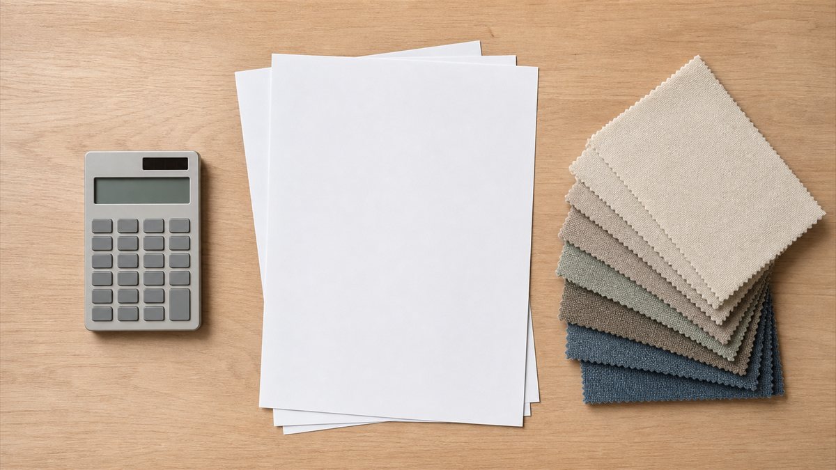 電卓と書類、生地見本を並べて費用を検討しているデスク