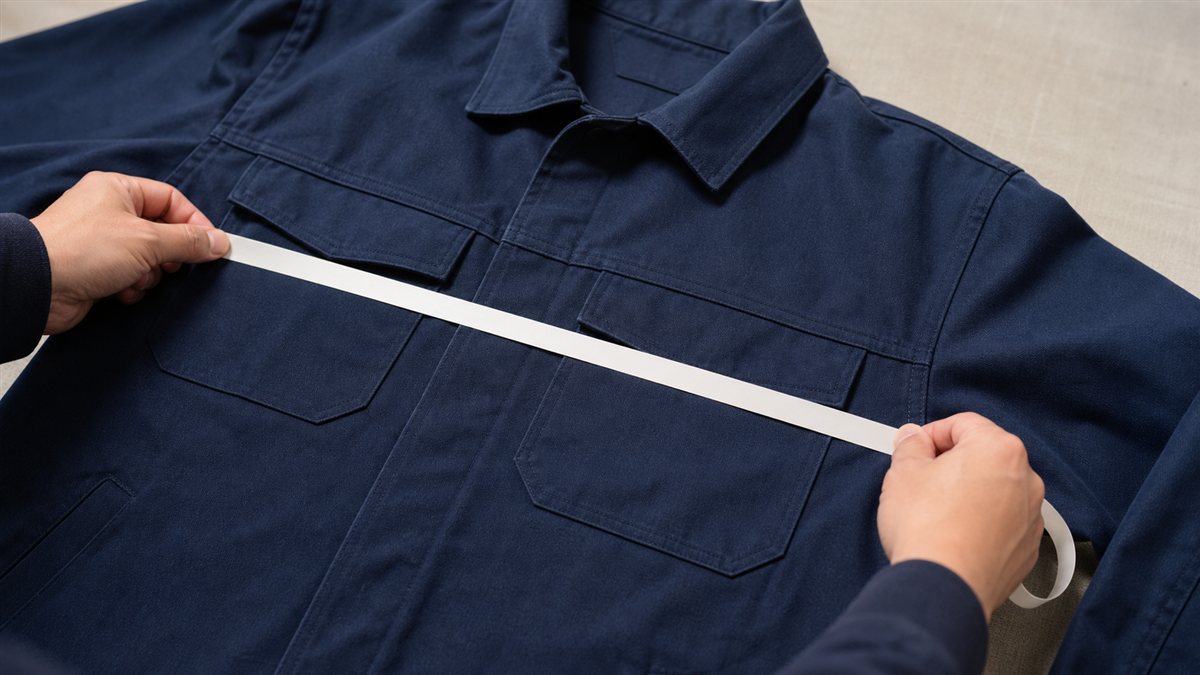 メジャーで作業服の身幅を採寸しているところ