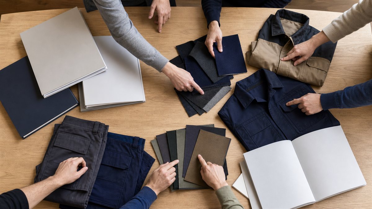 テーブルに作業服のサンプルと生地見本を広げて複数人で検討しているところ