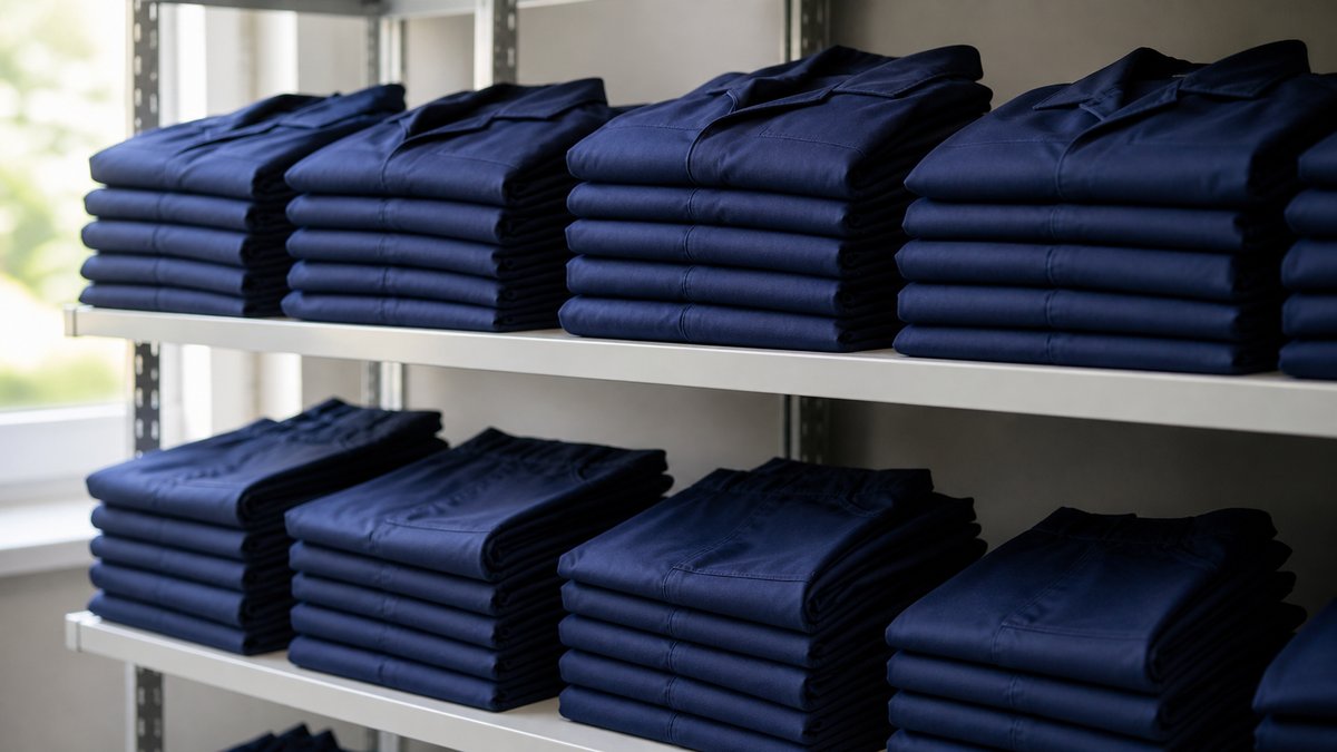 畳んだ作業服が棚に整然と積まれた配布前の状態