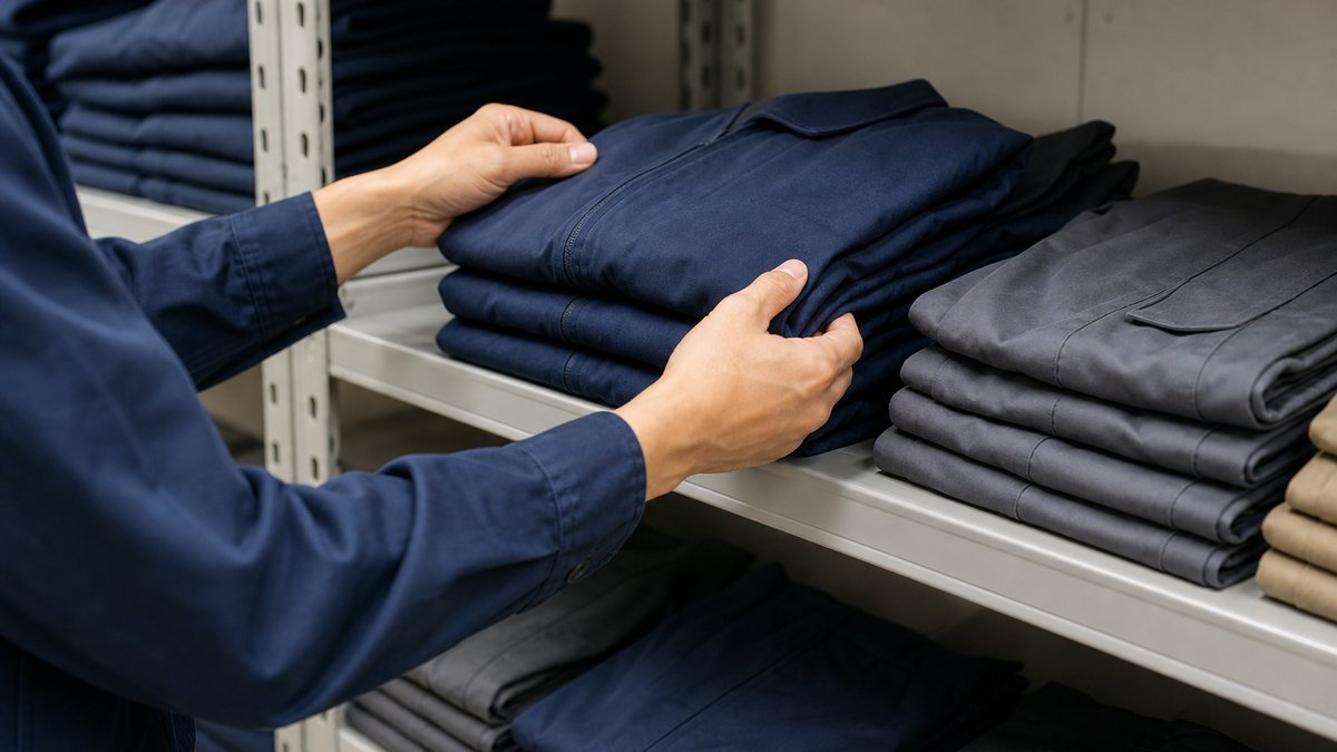 サイズ別に作業服の在庫を管理する様子