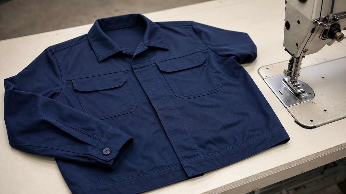 作業台に広げた1着の作業服と工業用ミシン(イメージ)