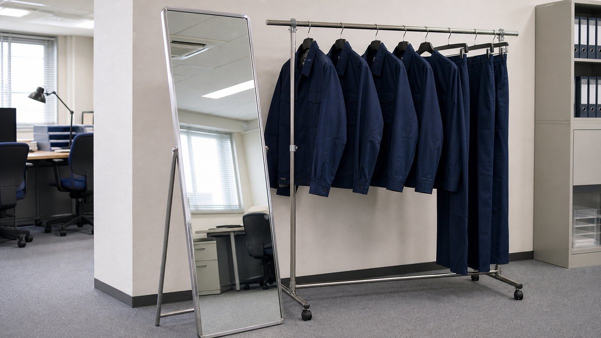ハンガーラックに掛けた作業服のサンプルと試着用の姿見(イメージ)
