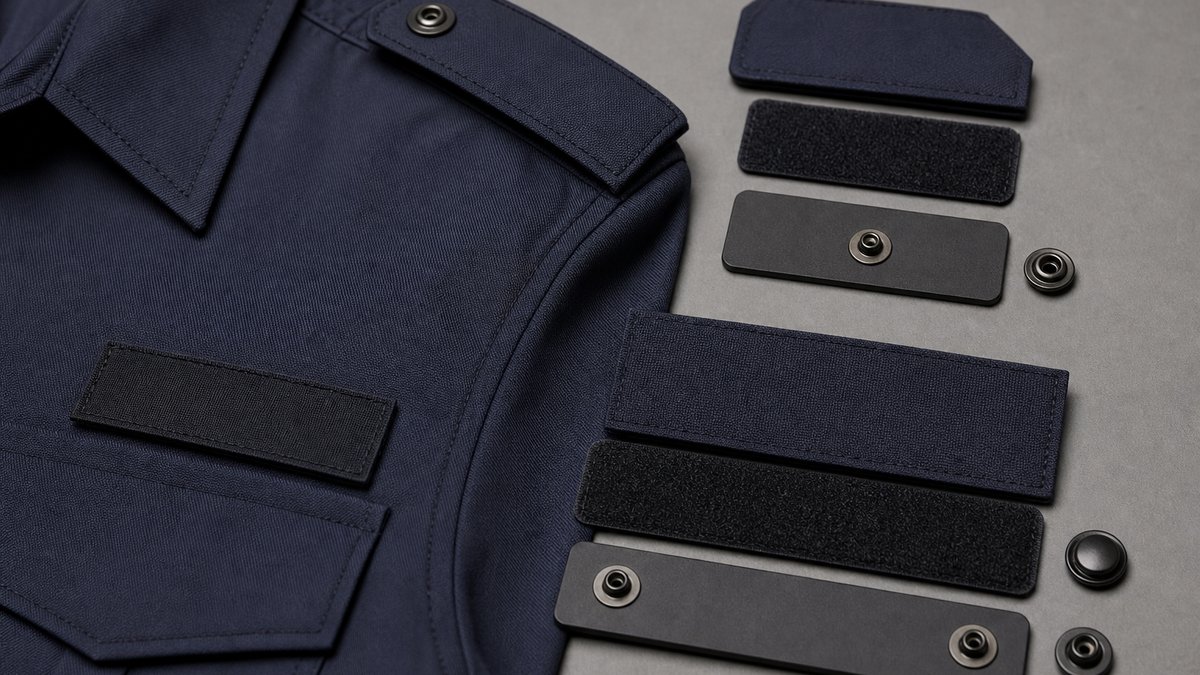 警備服に使う取り外し式の階級記章と所属表示の構造