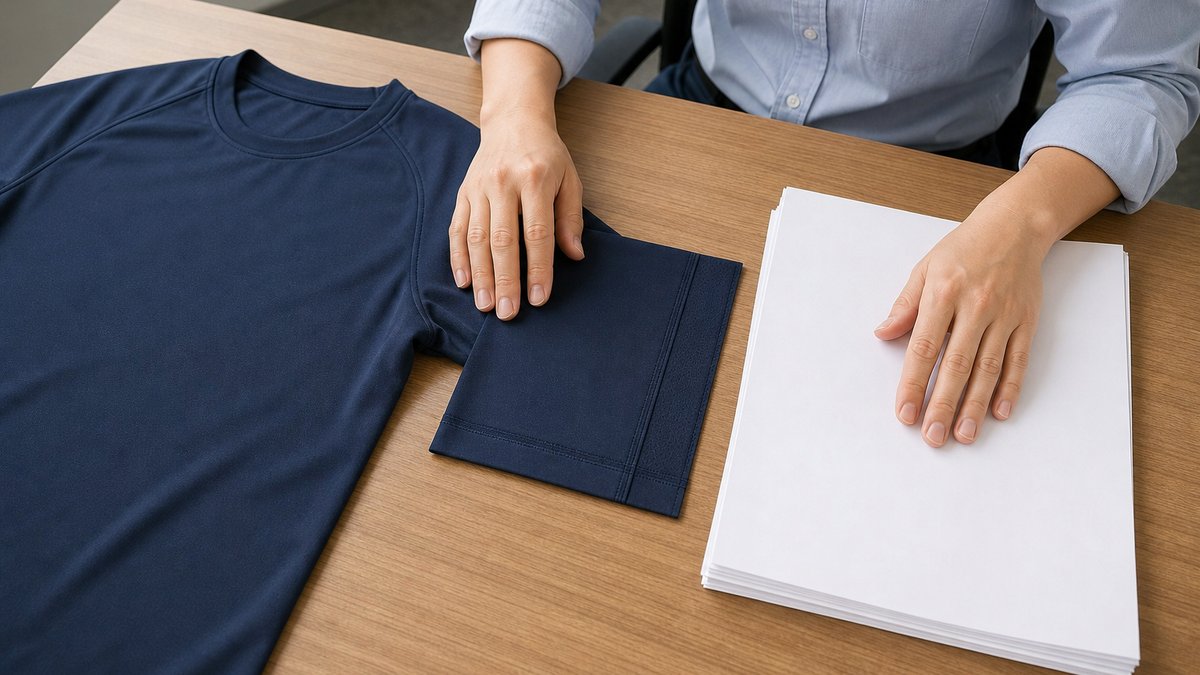 追加する一着を加工見本と仕様書に照合する発注担当者