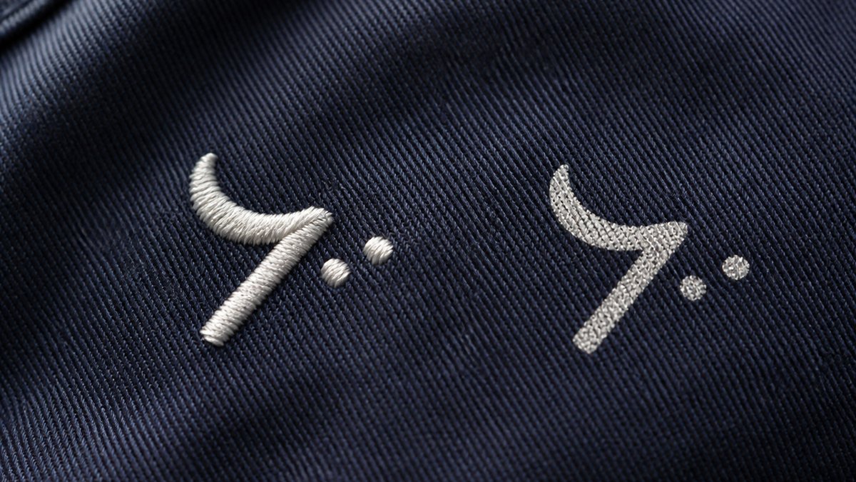 作業服の刺繍とプリントで細い線の再現性を比べる接写