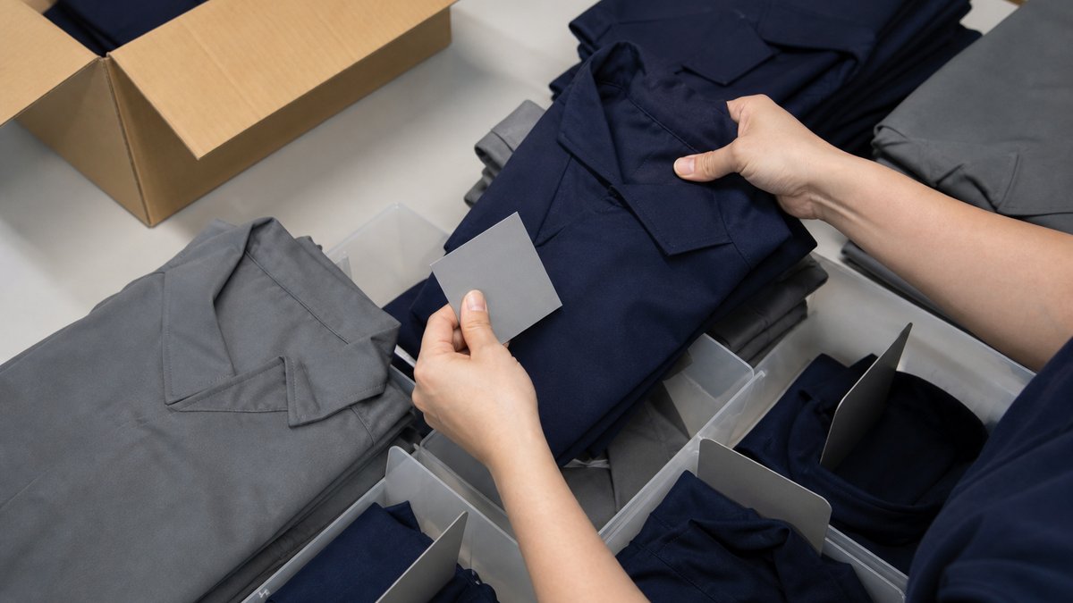 納品された制服を部署別・個人別に仕分ける担当者の手元