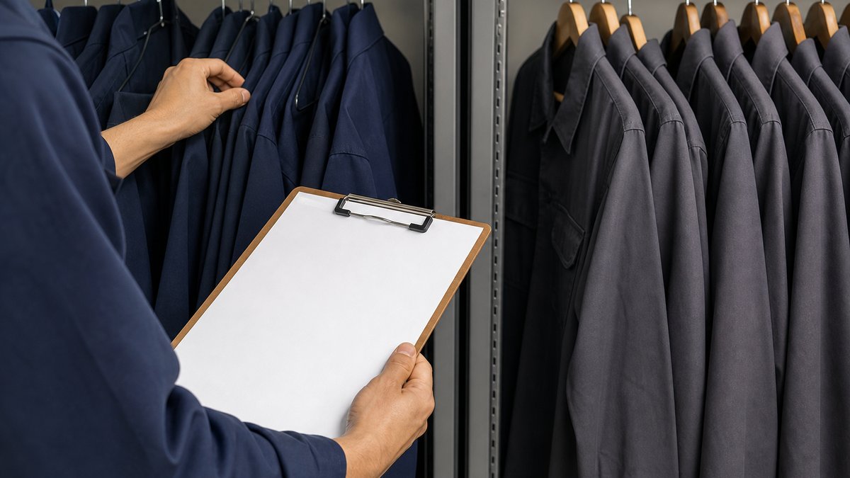 旧制服と新制服を分けて在庫表を確認する担当者