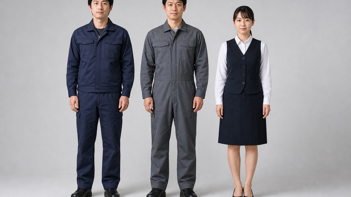 上下分離型の作業服、つなぎ、事務服を並べた比較