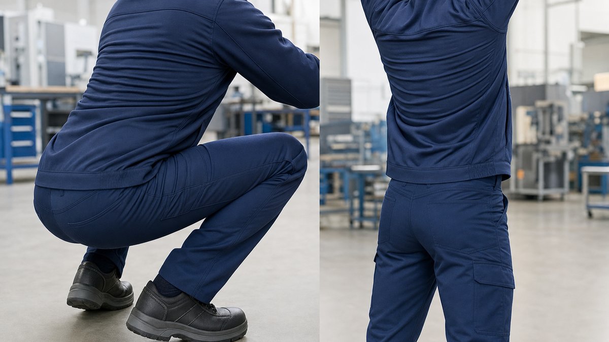 現場動作で作業服のストレッチ方向を確認する作業者