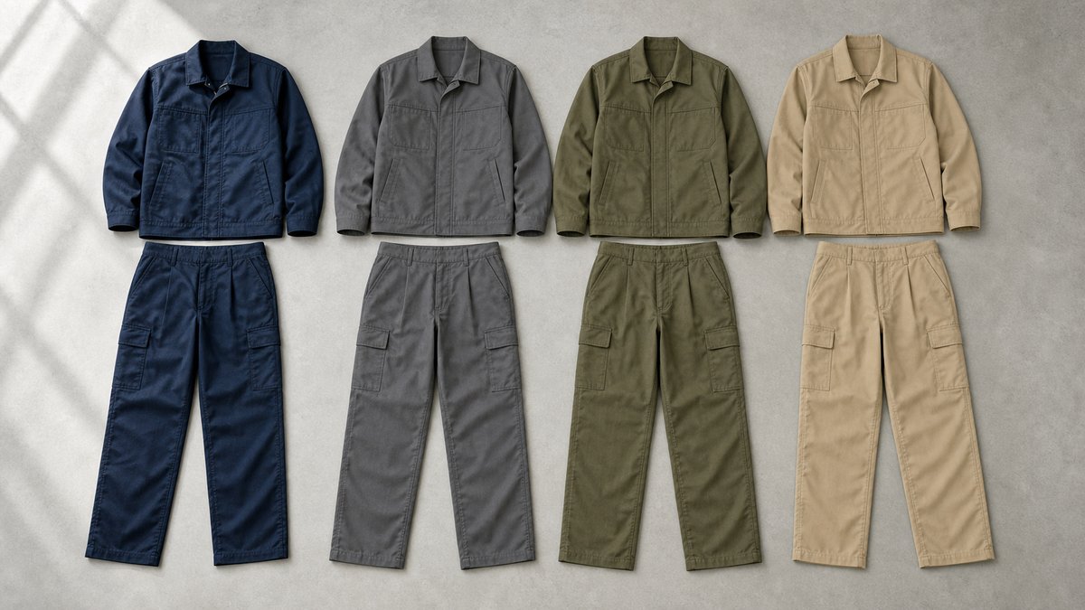 紺・グレー・カーキ・ベージュの色違いの作業服を並べたところ