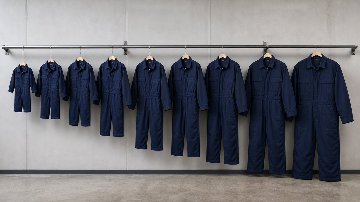 さまざまなサイズの作業服をハンガーで横一列に並べた様子